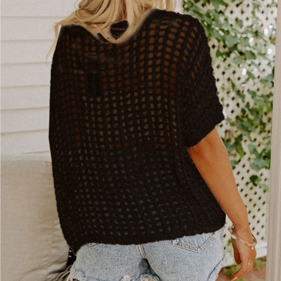 Black Open Weave Crochet Knit Fish net Drop Shoulder Top - Picture 7 of 15
